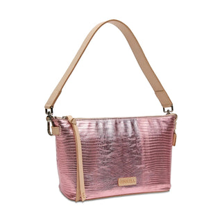 Pink textured handbag with beige strap 