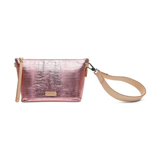 Pink textured clutch bag with beige strap 