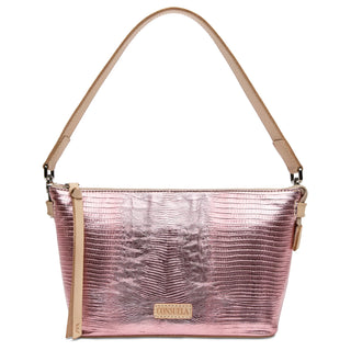 Pink textured handbag with beige accents 