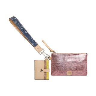 Pink lizard-textured wallet with strap and cardholder 