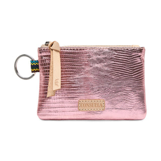 Pink textured pouch with a keychain and visible brand name 