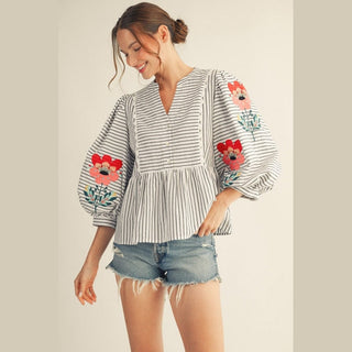Jodifli Women's Tops Embroidered Stripe Top
