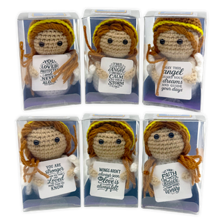 Six boxed crochet angel dolls with inspirational message cards, brown hair, yellow halos