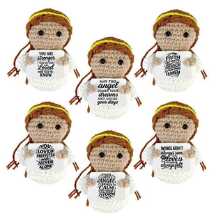 Six crocheted angel dolls holding inspirational message cards, brown hair, white robes