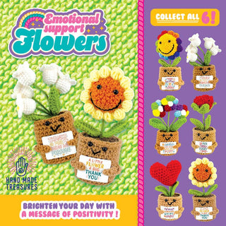 Crochet emotional support flower pot toys with smiley faces and positive message tags