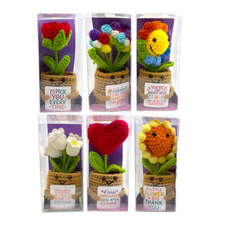 Six crocheted potted flowers with encouraging message tags in clear gift boxes