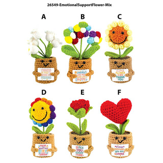 Six crochet potted flowers with smiley faces and encouraging message tags, styles A–F