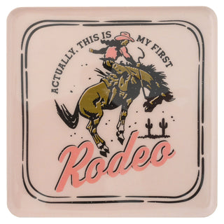 Square blush pink enamel tray with rodeo cowboy on bucking bronco design and cursive text
