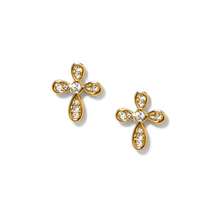 Petite gold clover-style cross earrings featuring central and side crystals