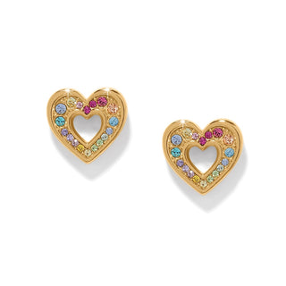 Gold-plated heart stud earrings with multi-color gemstone border and open center