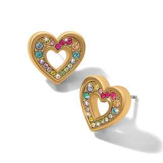 Gold post-back heart earrings with flat disc backing and faceted crystal gems