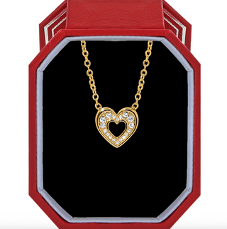 Brighton gold heart necklace with crystal pavé pendant displayed in red gift box