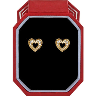 Brighton Enchanting Heart Post Earrings in gold with crystal accents displayed in red gift box