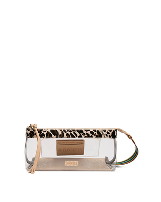 Consuela Essential Wallet in Bae, clear vinyl with leopard print zipper trim and wristlet strap