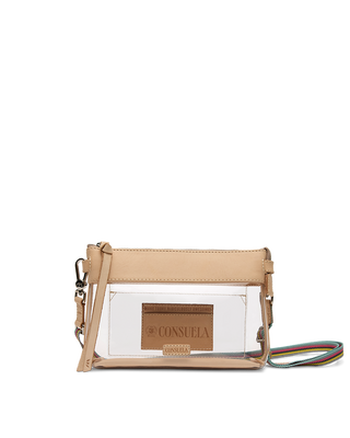 Consuela Essential Wallet in Bae featuring clear vinyl body with tan leather trim and multicolor strap.