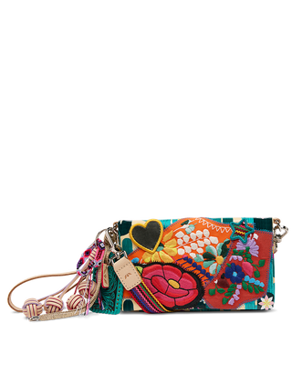 Consuela Essential Wallet in Bae featuring vibrant multicolor floral embroidered patchwork with tassel charms