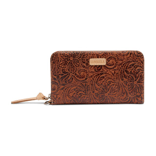 Consuela Essential Wallet in Banks, cognac brown embossed floral leather zip-around wallet with wristlet strap