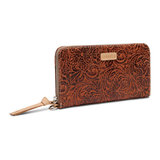 Consuela Essential Wallet in Banks, cognac brown leather with embossed lace floral pattern and zip closure