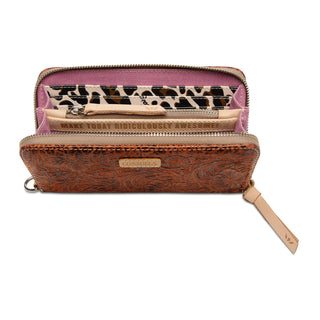 Consuela Essential Wallet in Banks open showing leopard card slots and pink interior lining