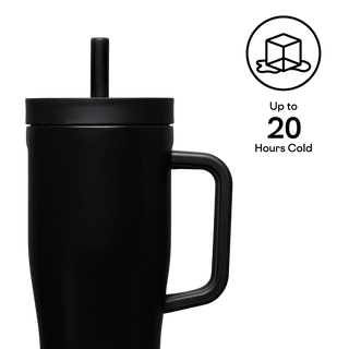 Corkcicle Ether Sky 22oz Cruiser matte black tumbler with handle and straw