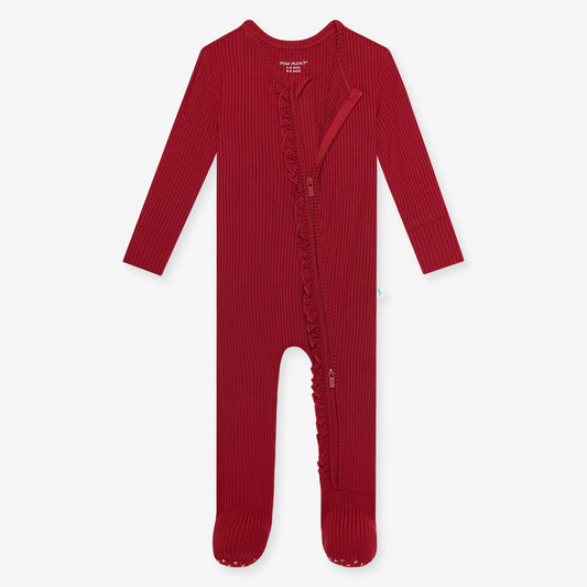 Footie Ruffled Zippered One Piece-Dark Red Rib