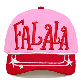 Pink and red baseball cap with bold red FALALA embroidery and silver star details on brim