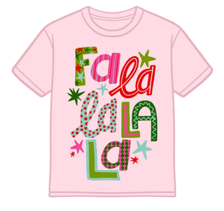 Poppy & Pine pink kids tee with colorful patterned Fa La La La holiday graphic