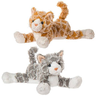 Mary Meyer FabFuzz plush kittens in orange tabby and gray tabby, lying flat