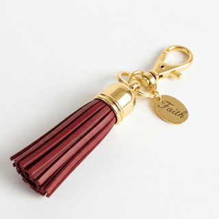 Red leather Faith tassel keychain with brass hardware 