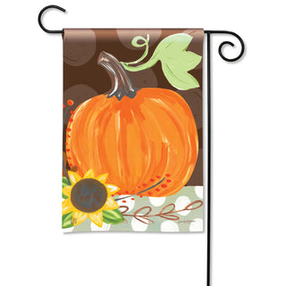Fall garden flag featuring painted orange pumpkin with sunflower on decorative black metal pole