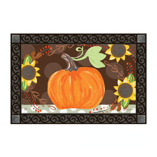Fall doormat with orange pumpkin, sunflowers, and decorative black rubber border
