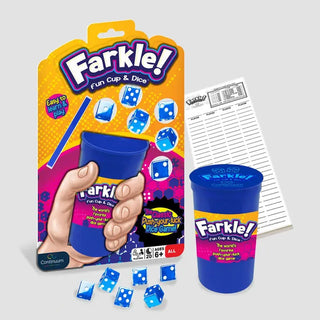Farkle push-your-luck dice game box with blue cup and score sheet for ages 6+ players