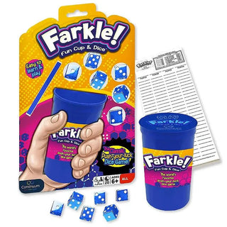 Farkle! Fun Cup & Dice game set with blue cup, yellow band, and translucent dice on white background