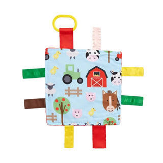 Square blue farm sensory cube with printed animals green tractor and ribbon tags
