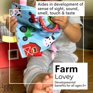 Blue farm themed sensory cube with colorful ribbons for baby development