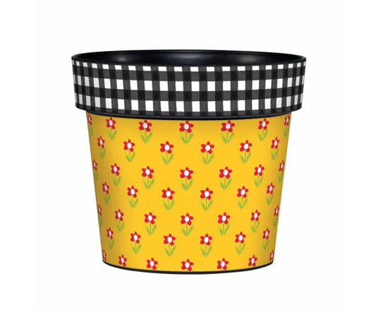 red flower and black plaid flower pot
