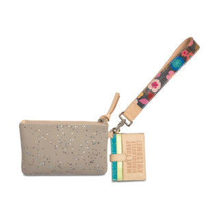 Beige glittery wallet with a floral strap 