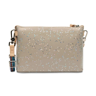 Beige glittery crossbody bag with a strap