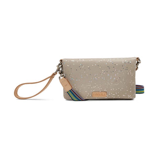 Beige glittery clutch bag with a strap