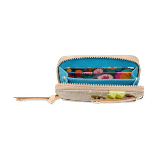 Open beige wallet with colorful interior 