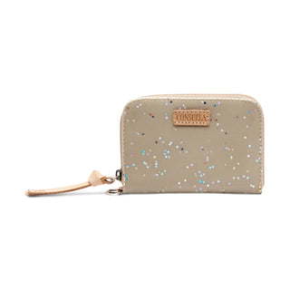 Beige wallet with glittery pattern and visible brand logo 