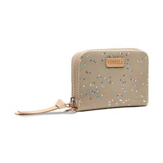 Beige wallet with glittery pattern and visible brand logo 