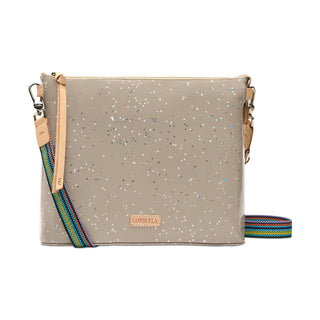 Crossbody bag with glittery pattern and colorful strap 