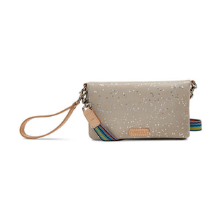 Beige glittery clutch bag with a strap