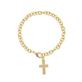 Felicia Cross Bracelet shiny gold link chain with ribbed cross pendant and lobster clasp