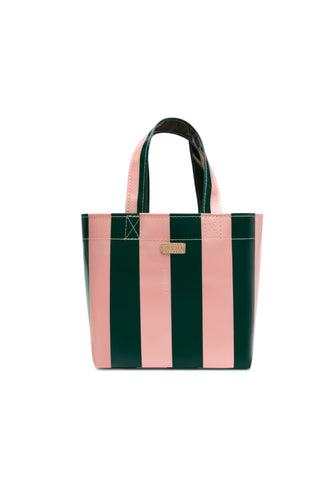 Consuela Grab N Go Mini tote bag in Fern with bold dark green and pink vertical stripes