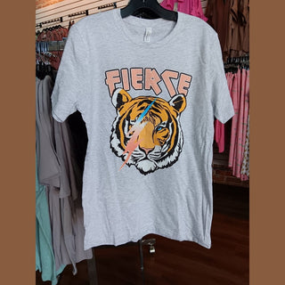 Fierce Tiger Tee women's heather gray short sleeve t-shirt with orange black tiger graphic and peach blue lightning bolt