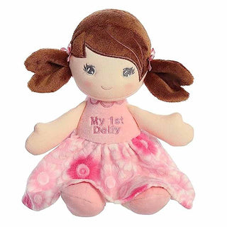 Aurora My 1st Dolly soft plush doll with brown pigtails in pink floral dress