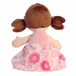Aurora First Doll Rattle with brown pigtails and pink floral dress on white background