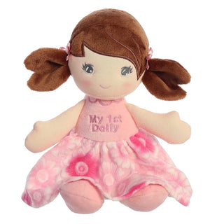 Aurora First Doll Rattle with brown hair pigtails wearing pink floral dress